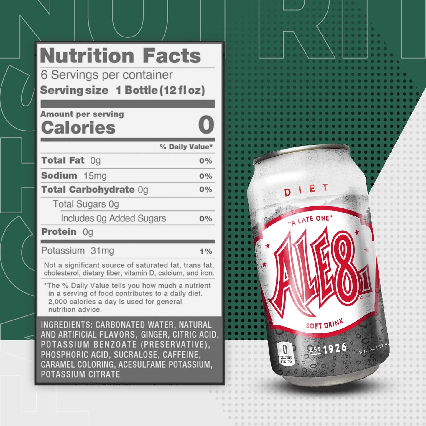 Ale 8 One Ginger Ale Soda with a Caffeine Kick & Hint of Citrus - Original Flavor - Zero Sugar - 12 Pack, Case of 12 Oz Cans - Sugar Free Ginger Soft