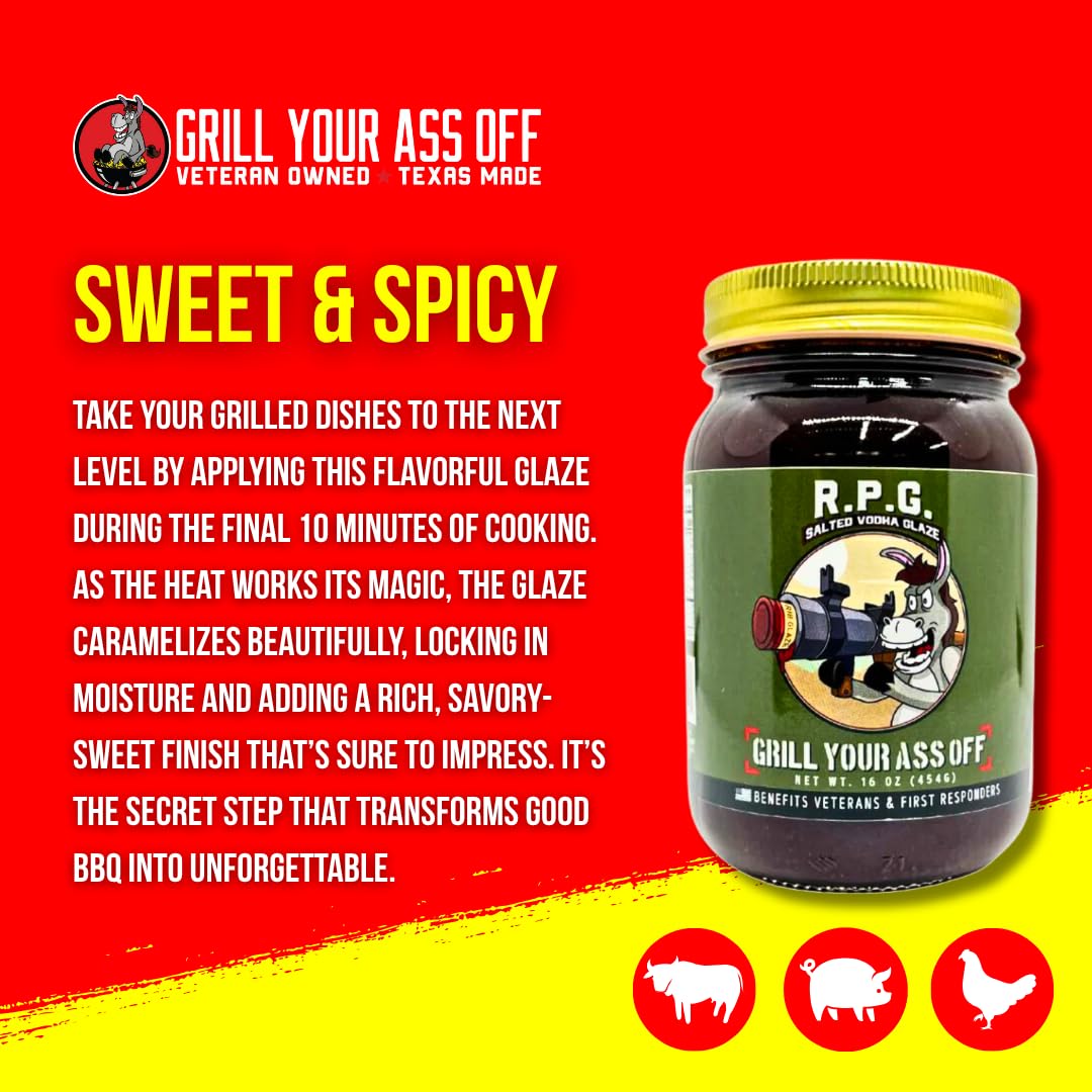 Grill Your As* Off RPG Salted Vodka Rib Glaze - 16oz Sweet & Spicy BBQ Sauce & Glaze for Ribs, Beef, Pork & Chicken - Gourmet Grilling & Marinade