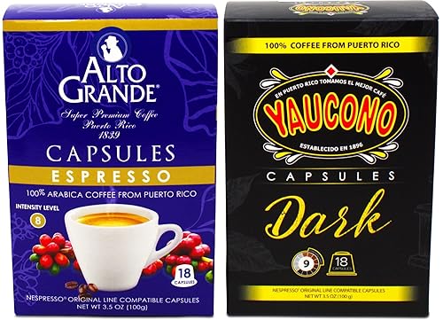 Alto Grande Espresso 18 Count and Yaucono Dark Espresso 18 Count Variety Pack Compatible with Nespresso Machines, 36 Single-Serve Capsules Total