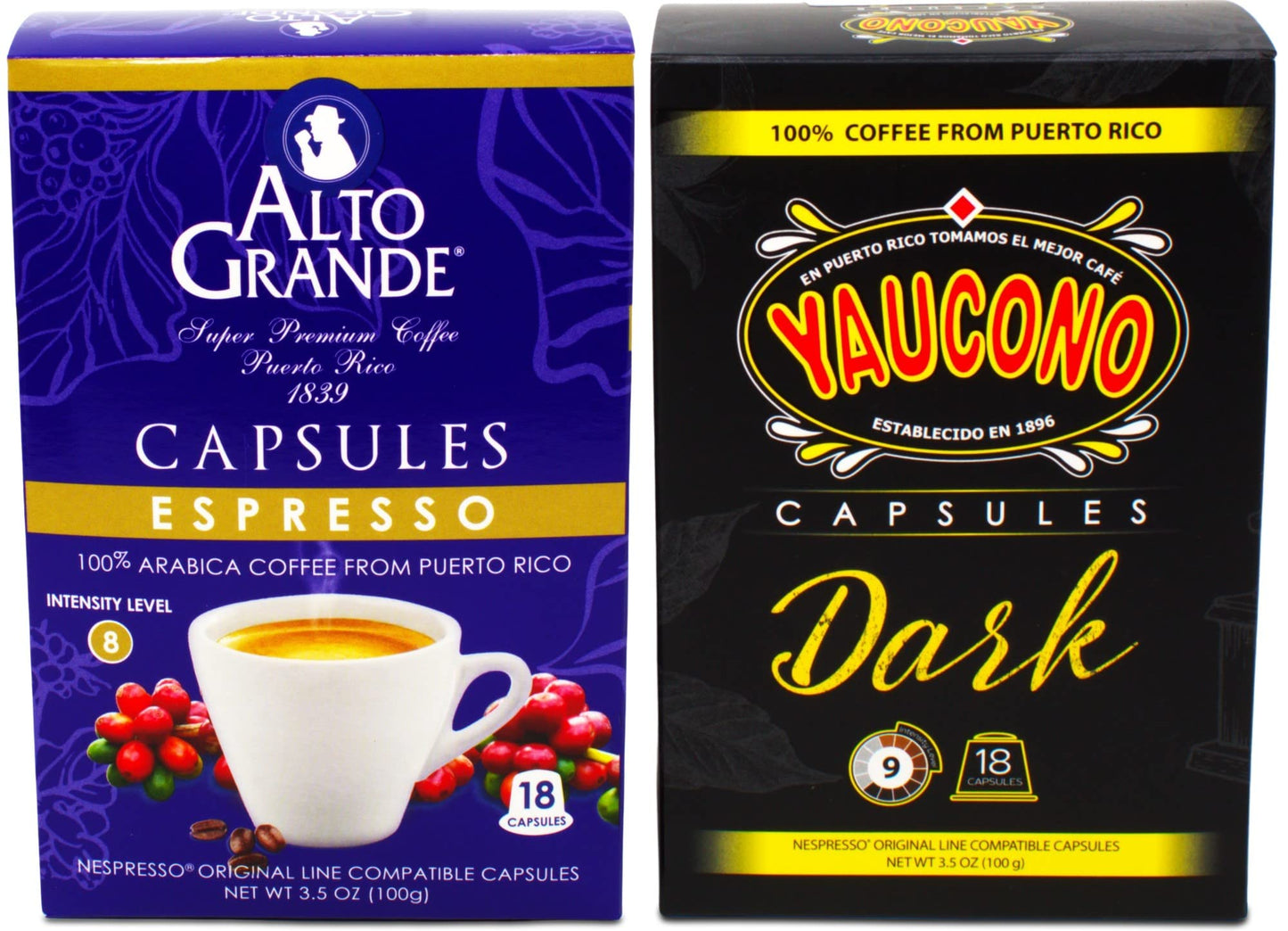 Alto Grande Espresso 18 Count and Yaucono Dark Espresso 18 Count Variety Pack Compatible with Nespresso Machines, 36 Single-Serve Capsules Total