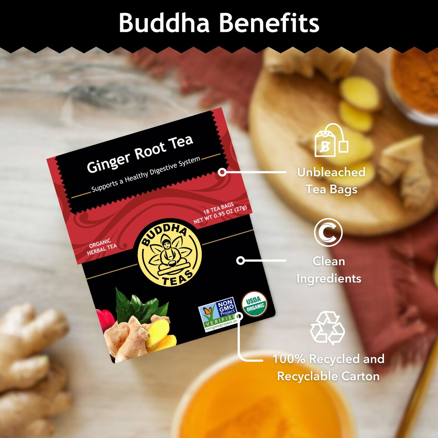 Buddha Teas - Organic Ginger Root Tea - Herbal Tea - For Health & Wellbeing - With Antioxidants & Minerals - Clean Ingredients - Caffeine Free - OU
