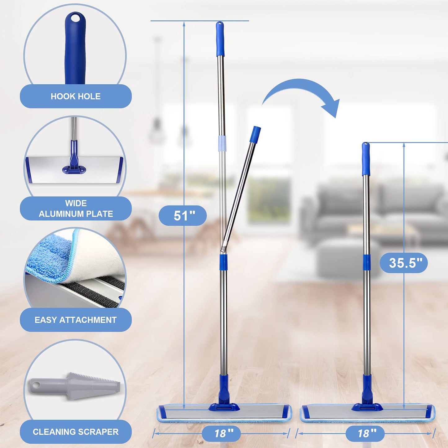 18" Professional Microfiber Mop Floor Cleaning System, Flat Mop with Stainless Steel Handle, 4 Reusable Washable Mop Pads, Wet and Dust Mopping