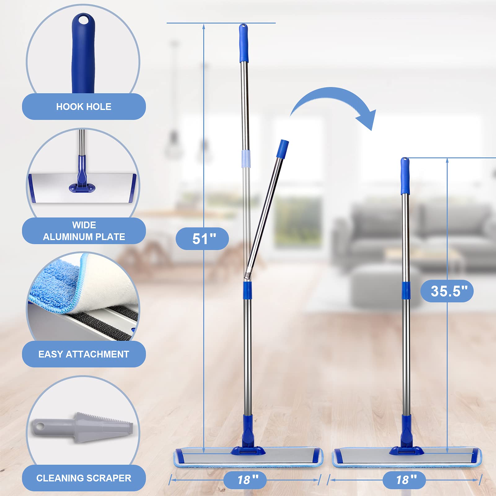 18" Professional Microfiber Mop Floor Cleaning System, Flat Mop with Stainless Steel Handle, 4 Reusable Washable Mop Pads, Wet and Dust Mopping