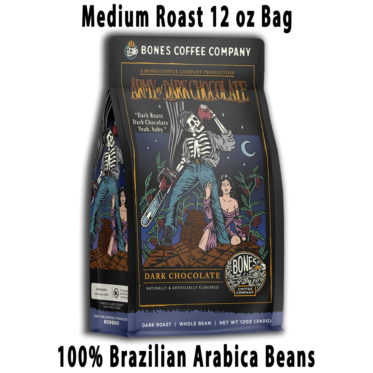 Bones Coffee Company Army of the Dark Chocolate Flavored Coffee, Medium Roast Low Acid Arabica Beans Compatible with Auto drip and French Press Coffee