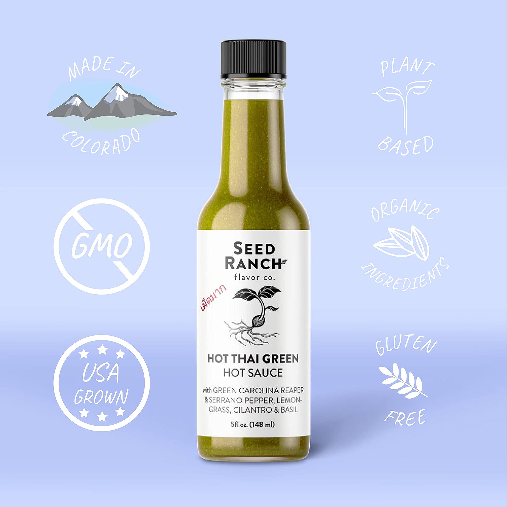 Seed Ranch Hot Thai Sauce, 3 Pack - Spicy Heat - Featured on Hot Ones - Green Carolina Reaper Pepper, Organic Gourmet Hot Sauce - Vegan, Non-GMO