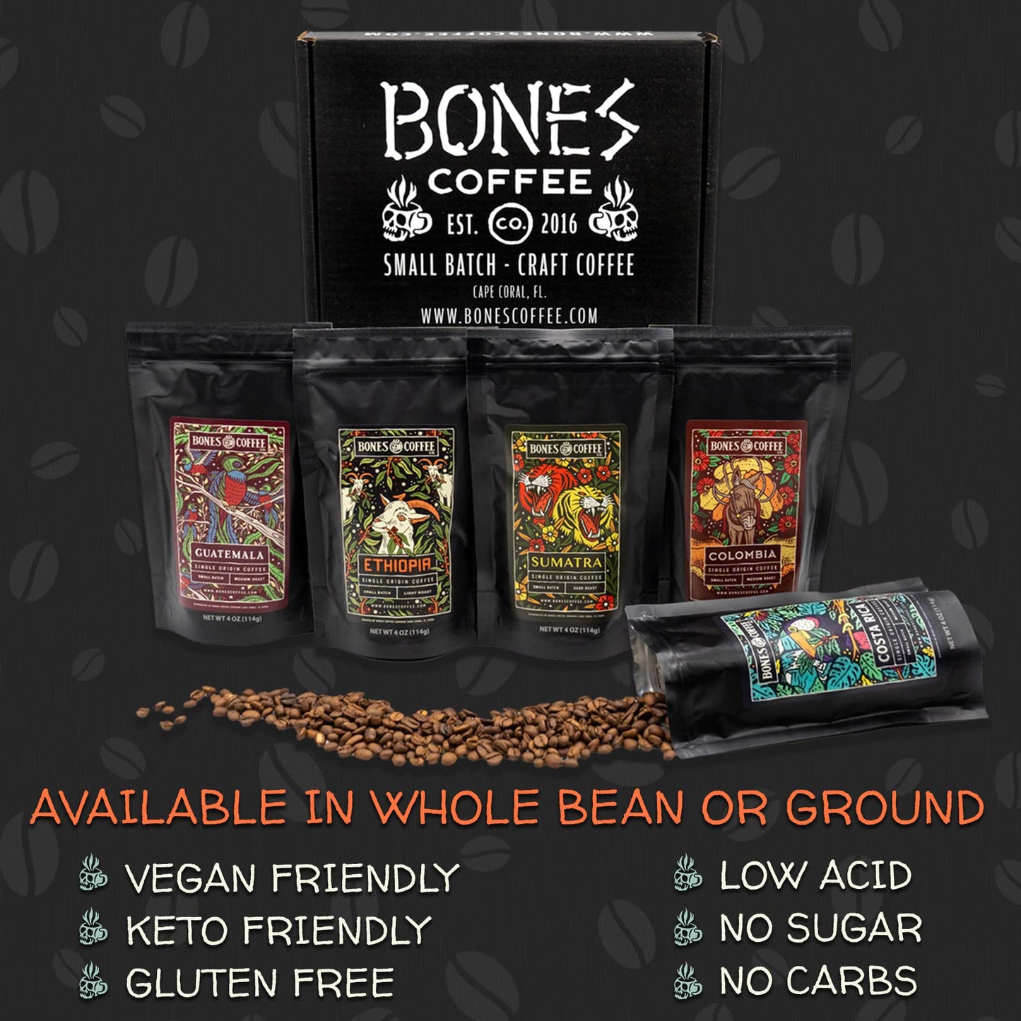 Bones Coffee Company NEW World Tour Sample Pack, Single-Origin Flavored Coffee Low Acid Medium Roast Arabica Beans Specialty Coffee Gifts Compatible