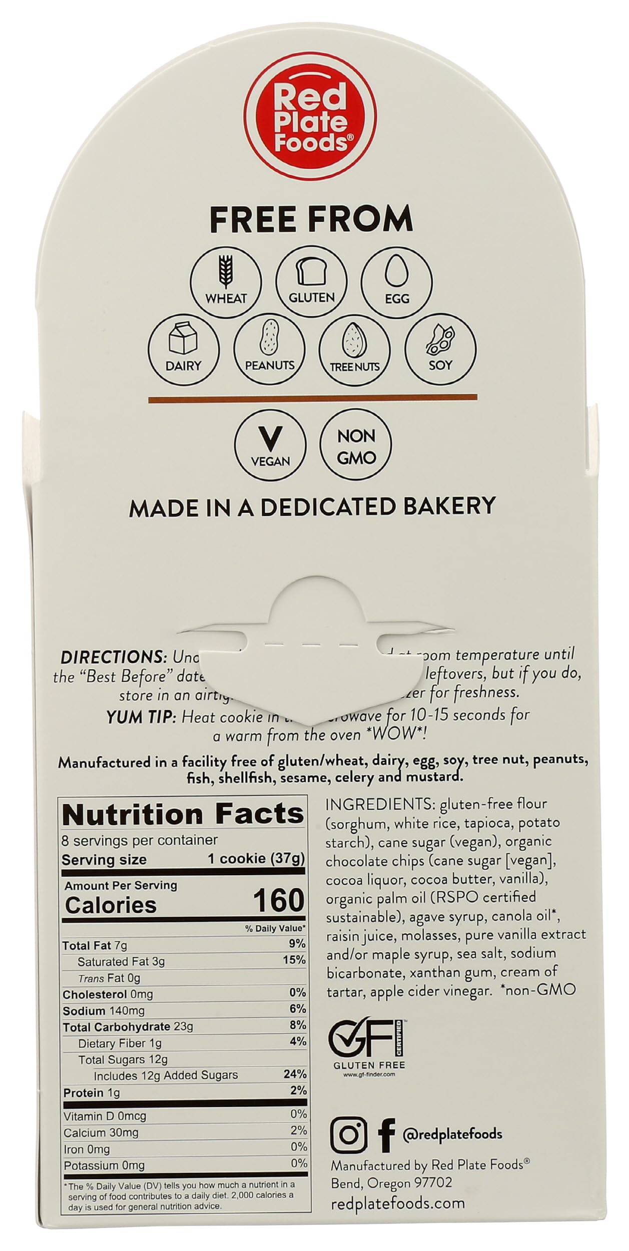 Red Plate Foods, Cookies Chocolate Chip 6 Count, 10.5 Ounce