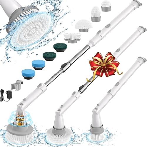 Sweepulire Electric Spin Scrubber for Cleaning, Shower Scrubber with Long Handle, 2 Spin Speeds, Bathroom Scrubber with 8 Replacement Heads, Bath Tub
