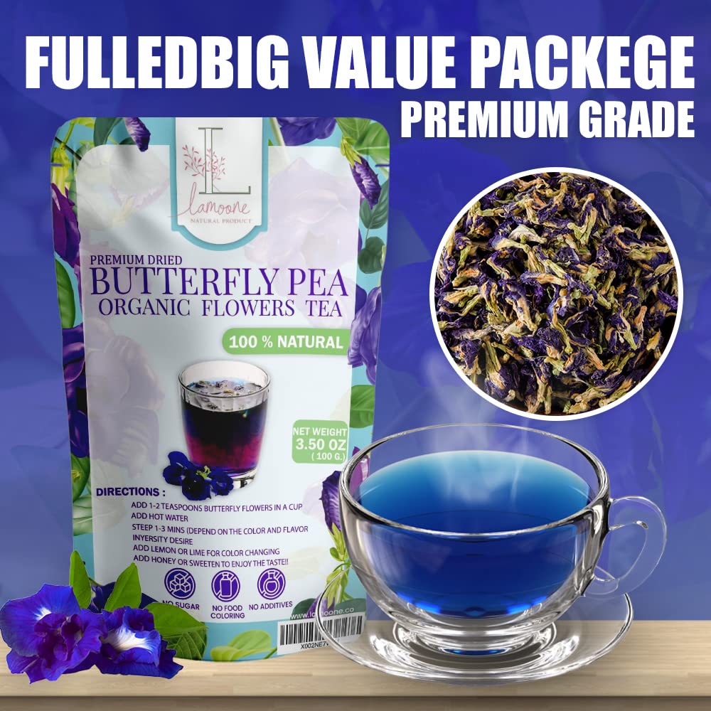 BIG VALUE PACK Blue Tea - Lamoone Premium Organic Dried Butterfly Pea, Purple Tea, Violet Tea, Non - GMO, 100g. (3.52 OZ) Rich Antioxidants. Natural