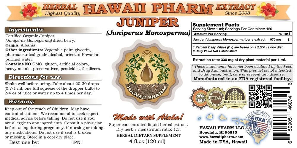 Hawaii Pharm Juniper Liquid Extract, Professional Grade, Small Batch Professional Grade, Small Batch Juniperus Monosperma Tincture 2x4 oz