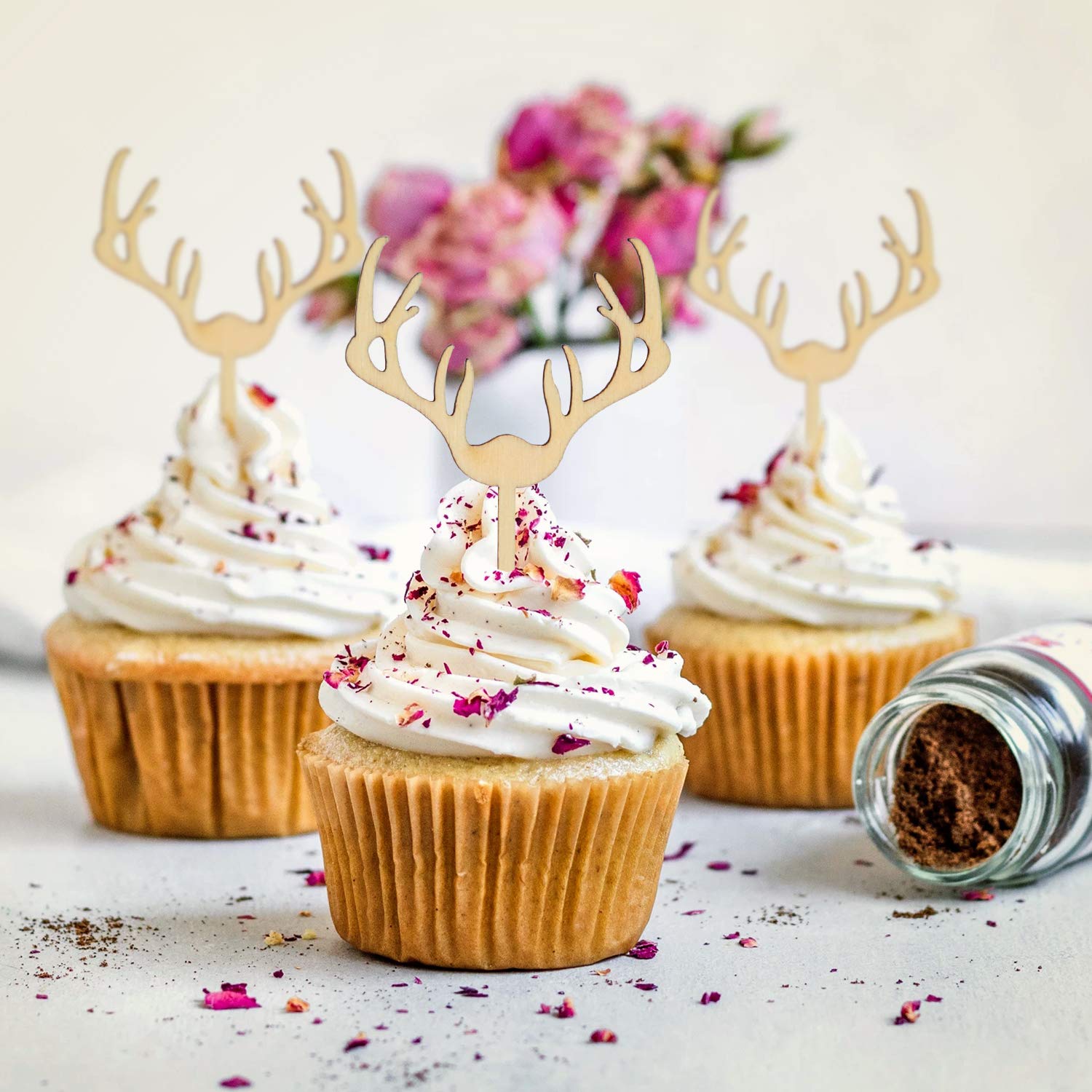 AUMIO Deer Cupcake Toppers Wooden Baby Shower Woodland Antler Cake Picks Party Decorations Wedding Hunting Boho Rustic Country Birthday Party Supplies