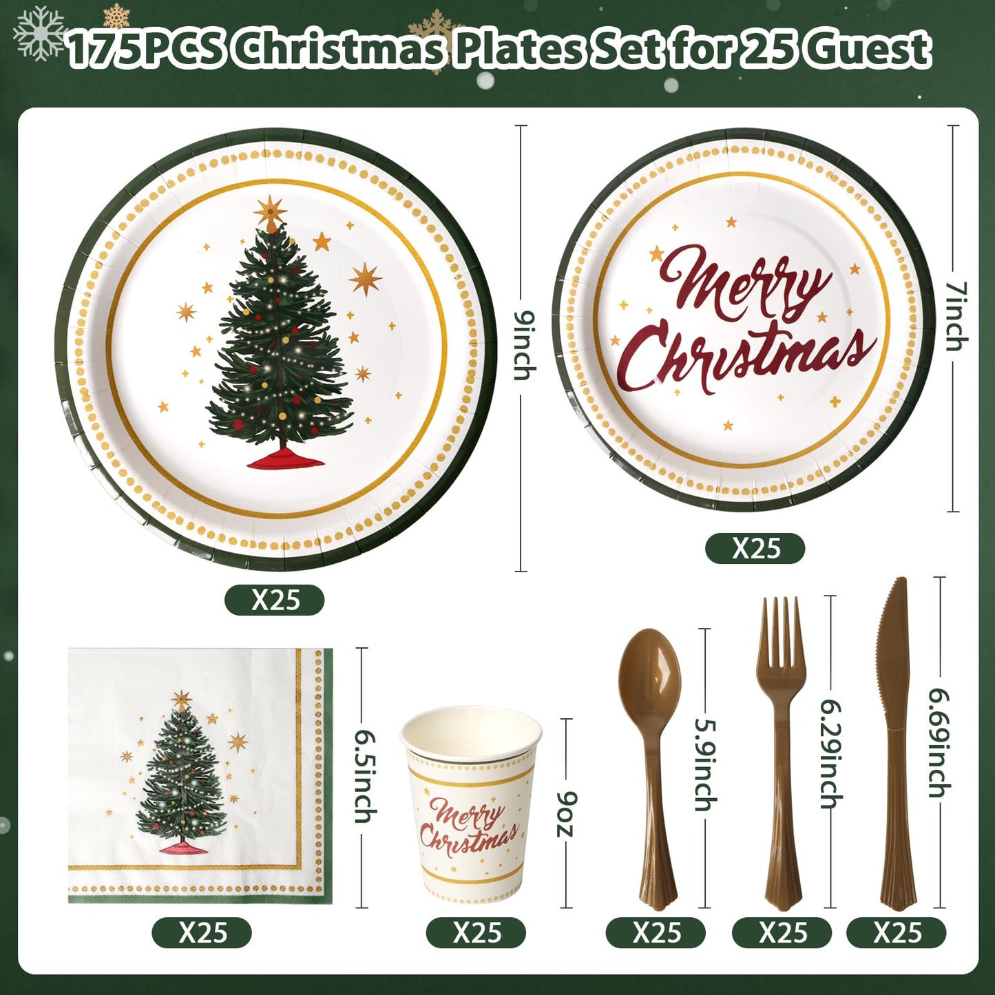 Dereinwo 175 Pcs Christmas Tree Party Supplies Table Set Christmas Paper Plates Napkins Cups Forks Knifes Spoons for Xmas Green and White Disposable