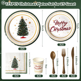 Dereinwo 175 Pcs Christmas Tree Party Supplies Table Set Christmas Paper Plates Napkins Cups Forks Knifes Spoons for Xmas Green and White Disposable