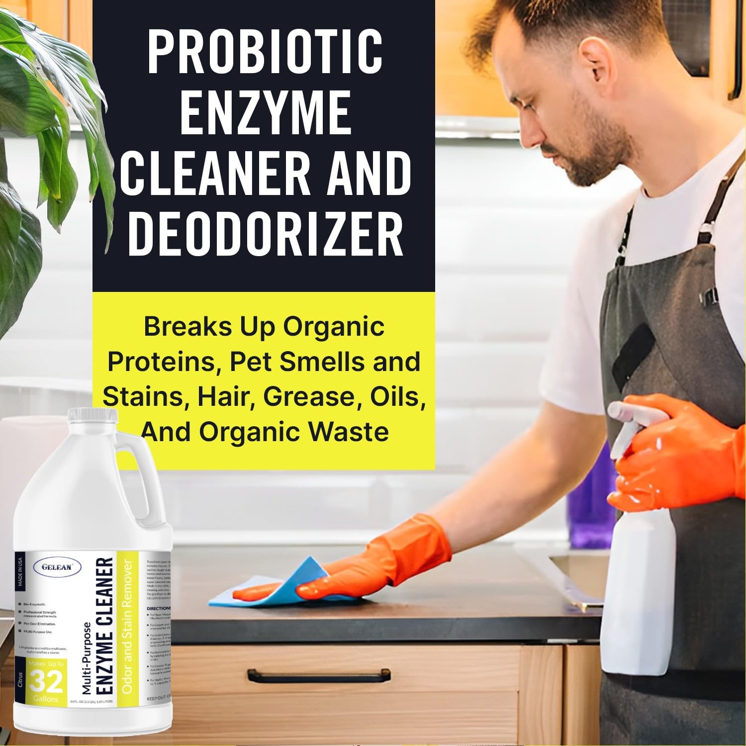 Multi-Purpose Probiotic Enzyme Citrus Cleaner, 1/2 Gallon (64 oz.) - Pet Stain and Odor Remover - Concentrated - Professional & Home Strength Drains