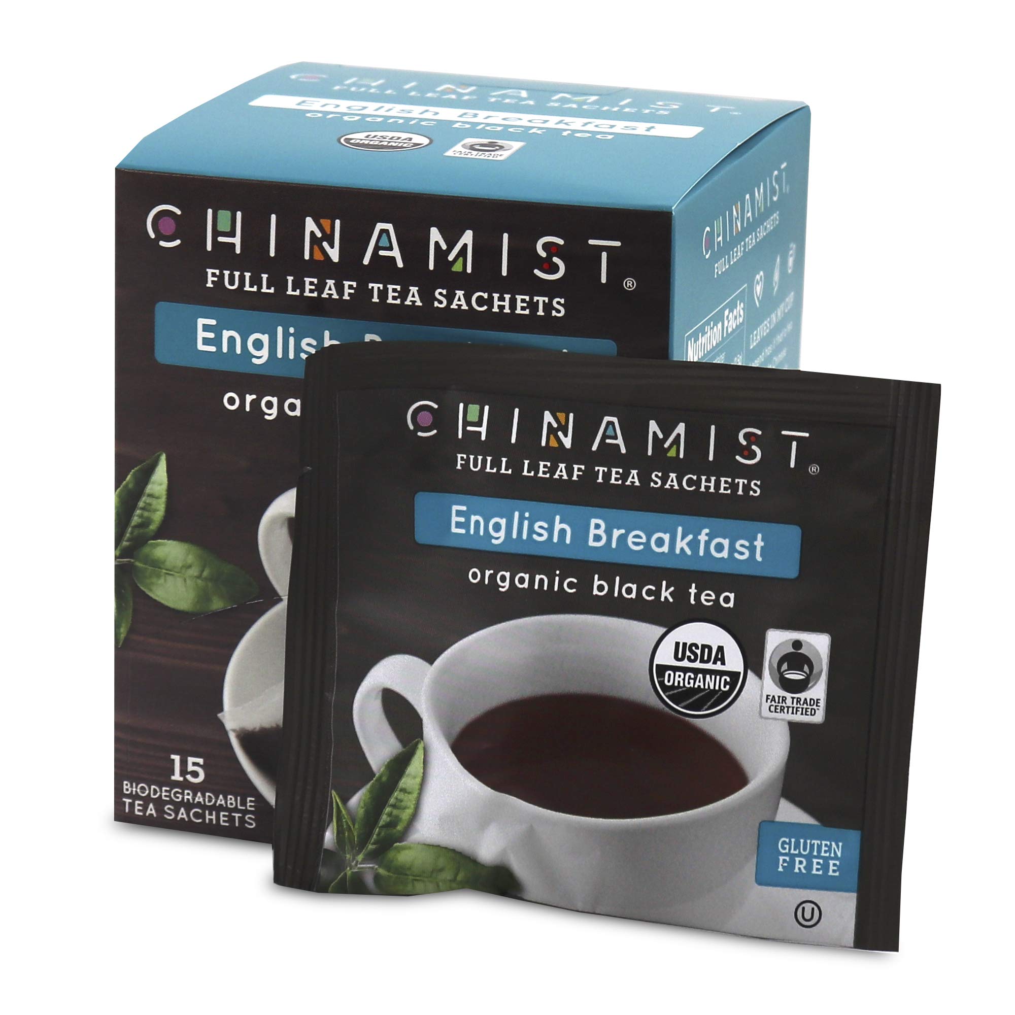CHINAMIST English Breakfast Full Leaf Black Tea Sachets - Biodegradable, USDA Organic, Fair Trade Certified, Gluten-Free - 15 Count