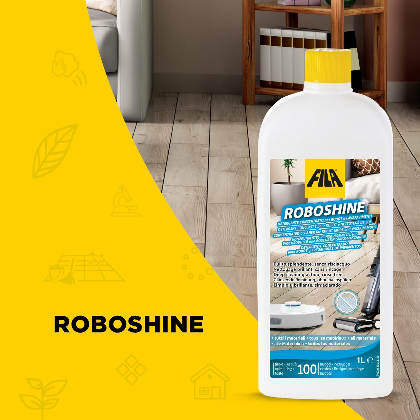 FILA Surface Care Solutions, ROBOSHINE, Detergent for All Robot Vacuum and Mop Combo and Wet Dry Vacuum Cleaner, Up to 100 Washes, Hard Floor Cleaner