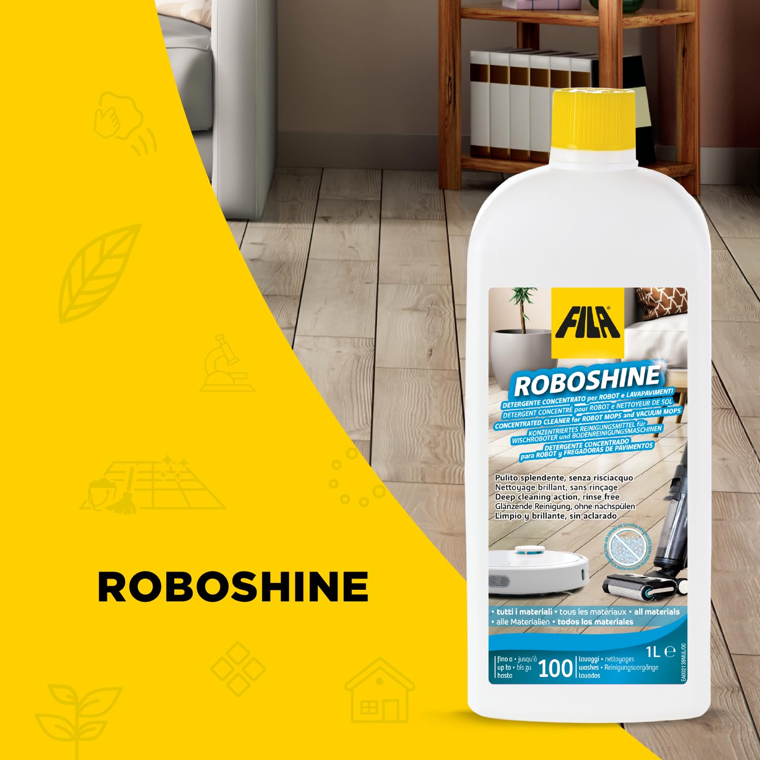 FILA Surface Care Solutions, ROBOSHINE, Detergent for All Robot Vacuum and Mop Combo and Wet Dry Vacuum Cleaner, Up to 100 Washes, Hard Floor Cleaner