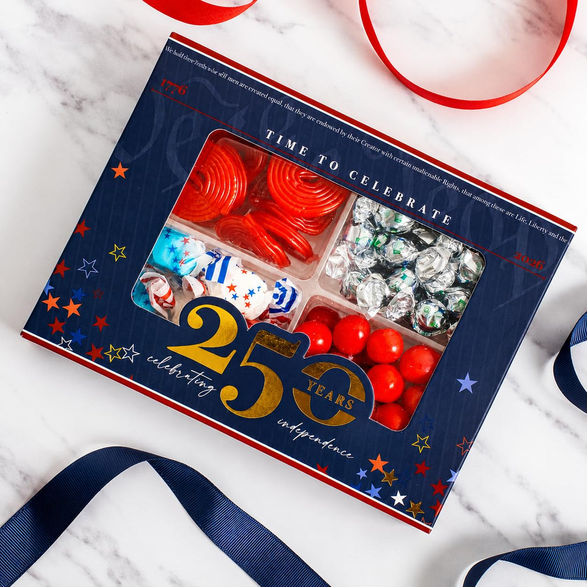 Oh! Nuts 4-Section Patriotic Candy 4th of July Gift Basket - America 250 Anniversary Freedom Day Mix - Cherry Sour Balls, Red Licorice Wheels