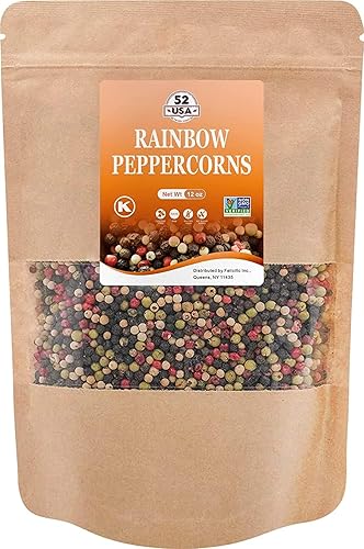 52USA Rainbow Peppercorns, 12oz, Peppercorn for Grinder Refill, Non-GMO, Kosher, Whole White & Red & Black Peppercorns, Packed to Keep Peppers Fresh