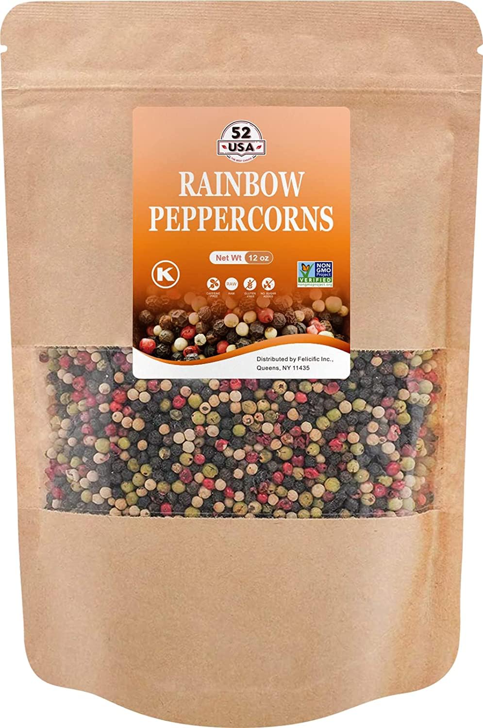 52USA Rainbow Peppercorns, 12oz, Peppercorn for Grinder Refill, Non-GMO, Kosher, Whole White & Red & Black Peppercorns, Packed to Keep Peppers Fresh