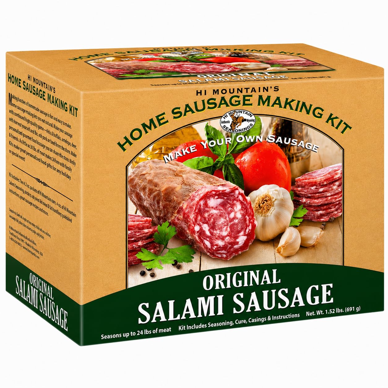 Hi Mountain Seasonings - Salami Making Kit ? Includes Sausage Seasoning, Cure, Collagen Casings, and Simple-to-Follow Directions ? Creates 18 lbs