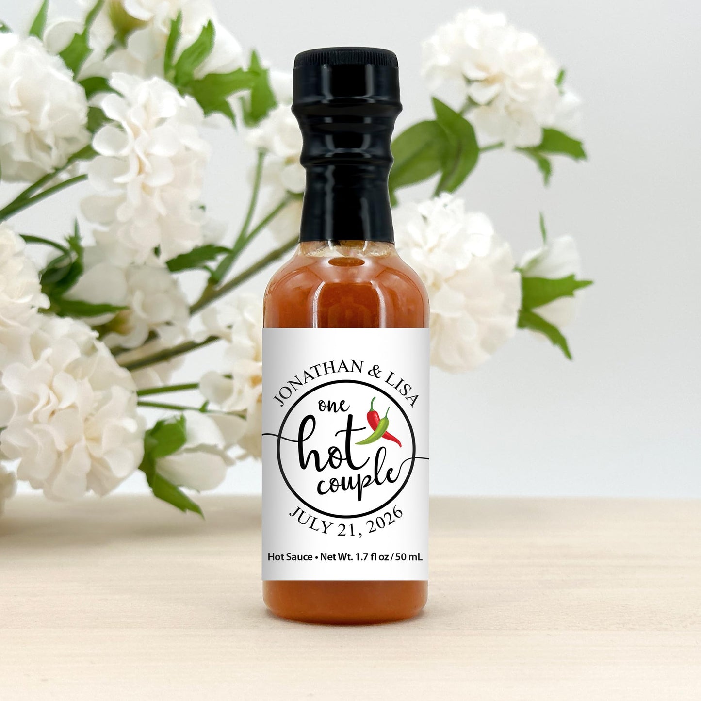 Best Day Ever Spot One Hot Couple Sauce Gifts, Mini Bottles, Wedding Favors, Custom, Labels, Personalized - 1.7oz (Set of 12)