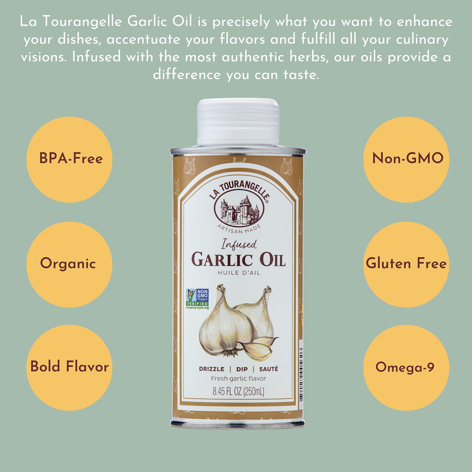 La Tourangelle, Garlic Oil, High Oleic Oil for Cooking Pastas, Salad Dressings, Drizzle on Popcorn, Irresistible Aroma and Flavor, 8.45 Fl Oz