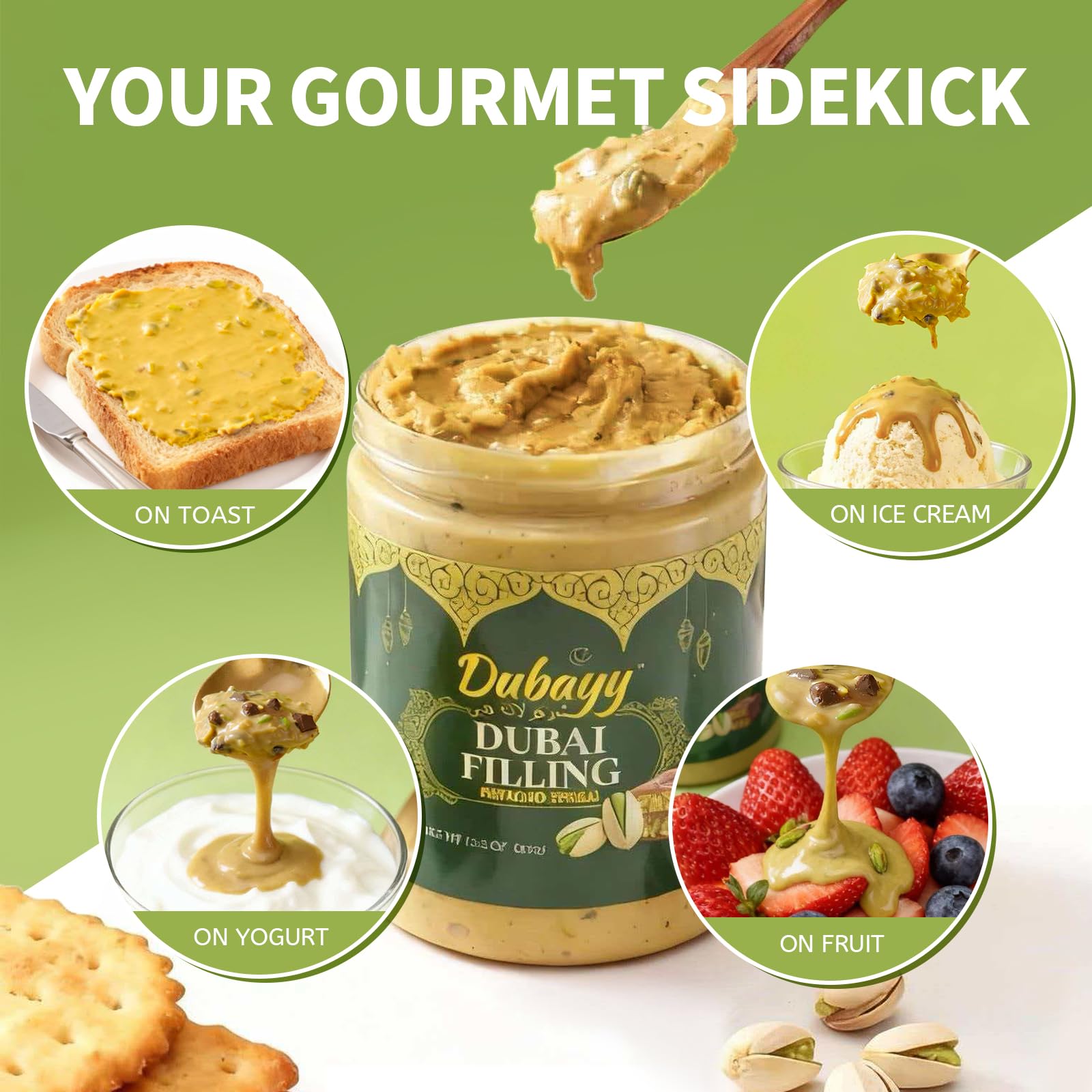 Dubai Chocolate Filling by Dubayy, Viral Pistachio Chocolate Spread with Kataifi Crisp, Luxury Dessert Dip for Waffles, Pancakes, Bread, Desserts
