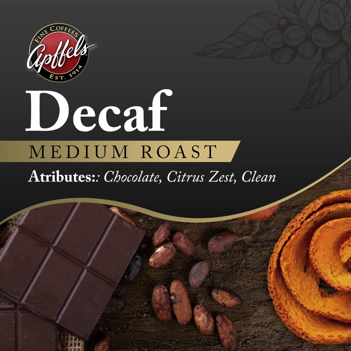 Apffels Decaf Coffee - Water Process - Medium Roast - Ground - 100% Arabica - Non-GMO - 12 oz bag