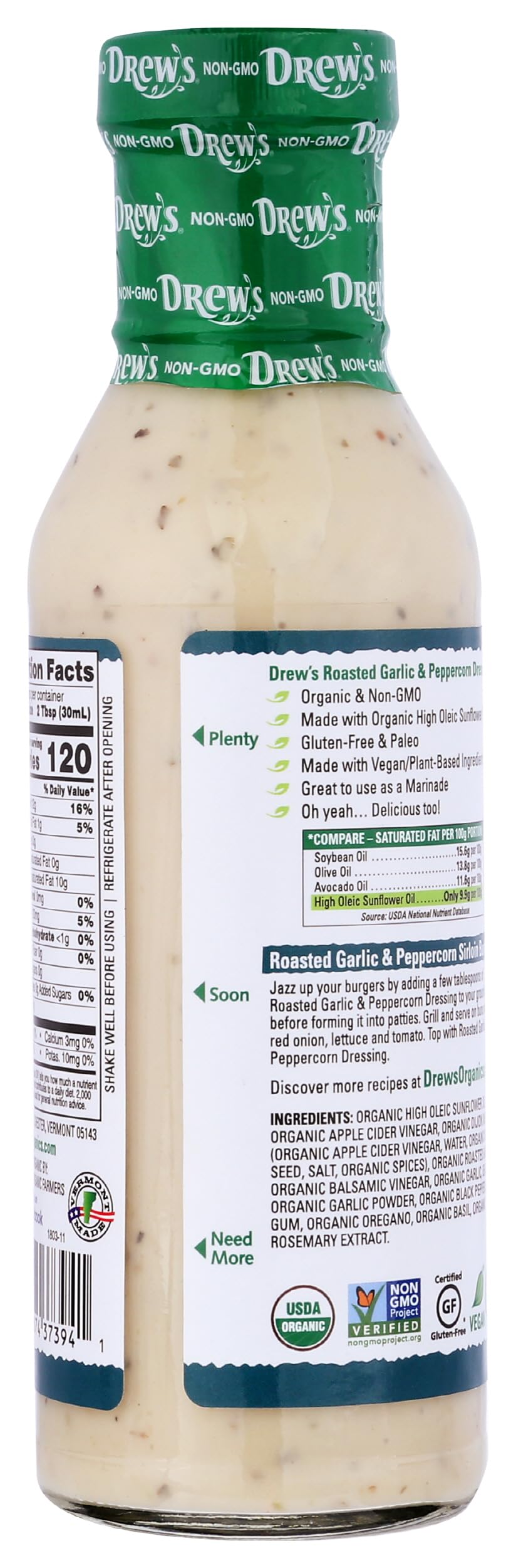 Drew's All-Natural Salad Dressing and 10 Minute Marinade, Roasted Garlic & Peppercorn, 12-Ounce Bottle