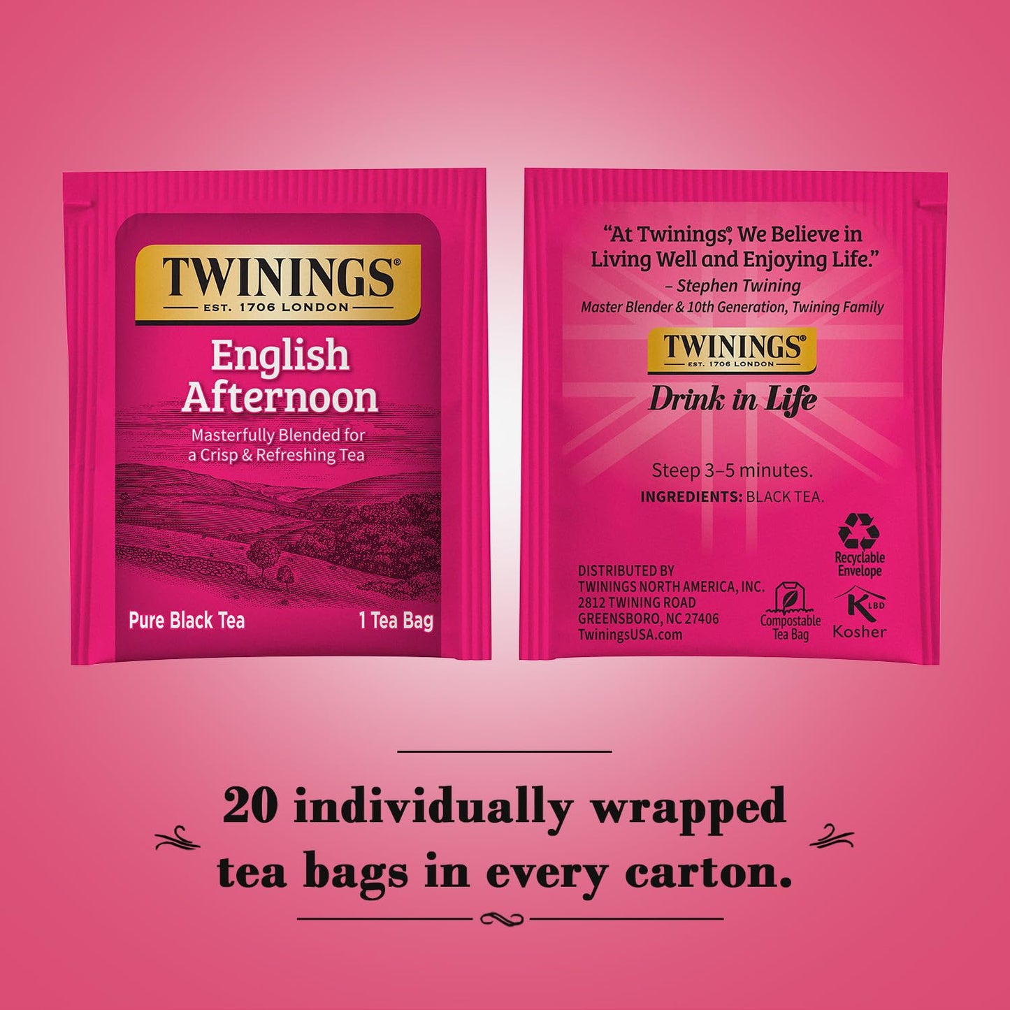 Twinings Tea, English Afternoon Tea 2-Pack - Uplifting and Refreshing Caffeinated Black Tea Bags Individually Wrapped, 20 Count Each