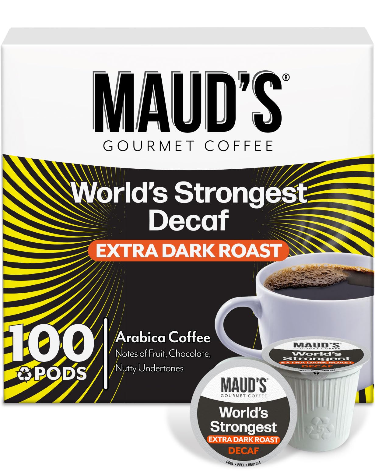 Maud's World's Strongest Decaf Coffee Pods, 100 ct, Decaffeinated Dark Roast Coffee in Single Serve Pods - 100% Arabica Coffee, Compatible with Keurig
