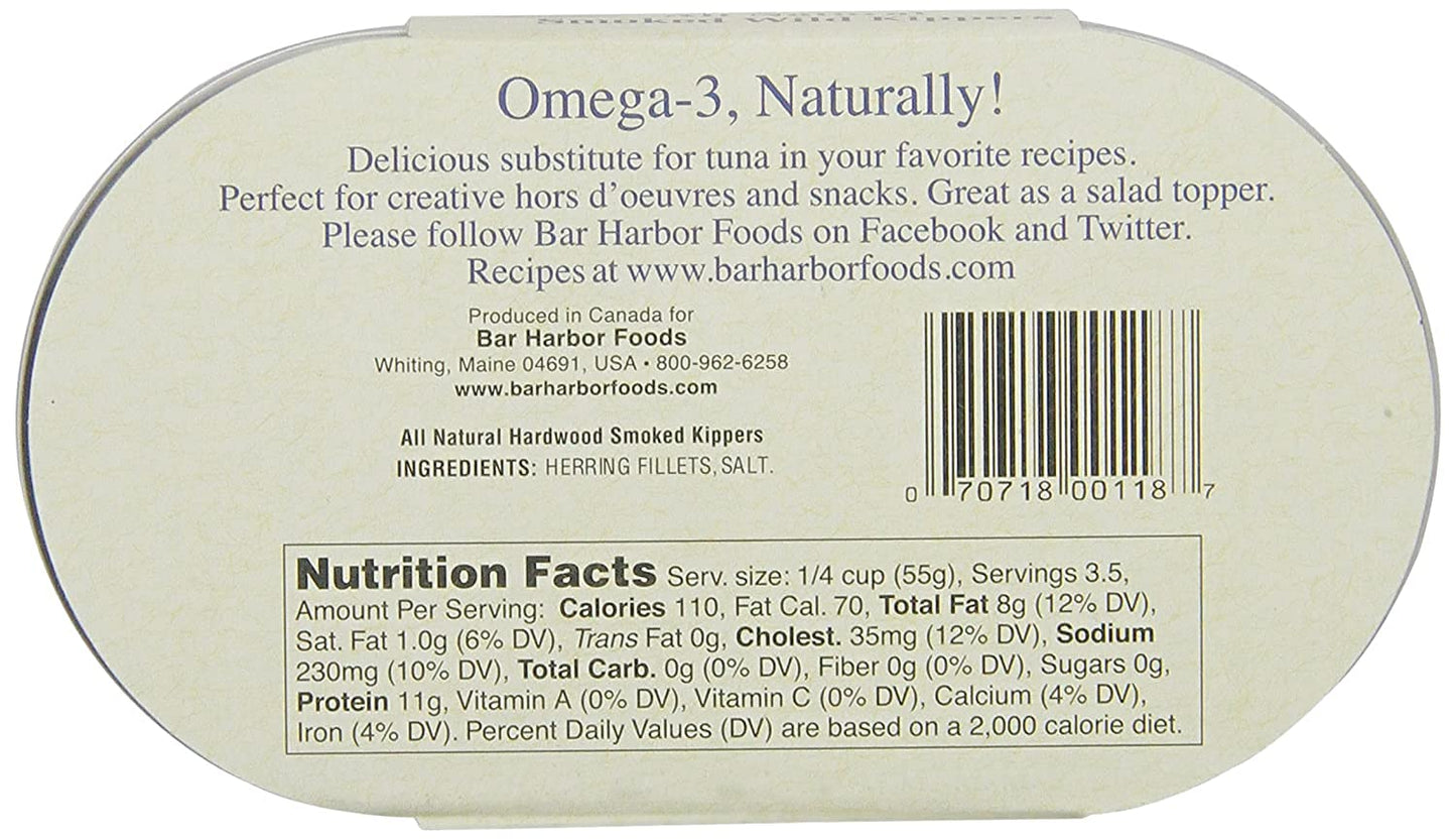 Bar Harbor Natural Smoked Wild Kippers, 6.7 oz (190g) | Naturally Wood Smoked | Ready to Eat | Naturally Rich in Omega-3 | EZ-Open, BPA-NI Lined Can