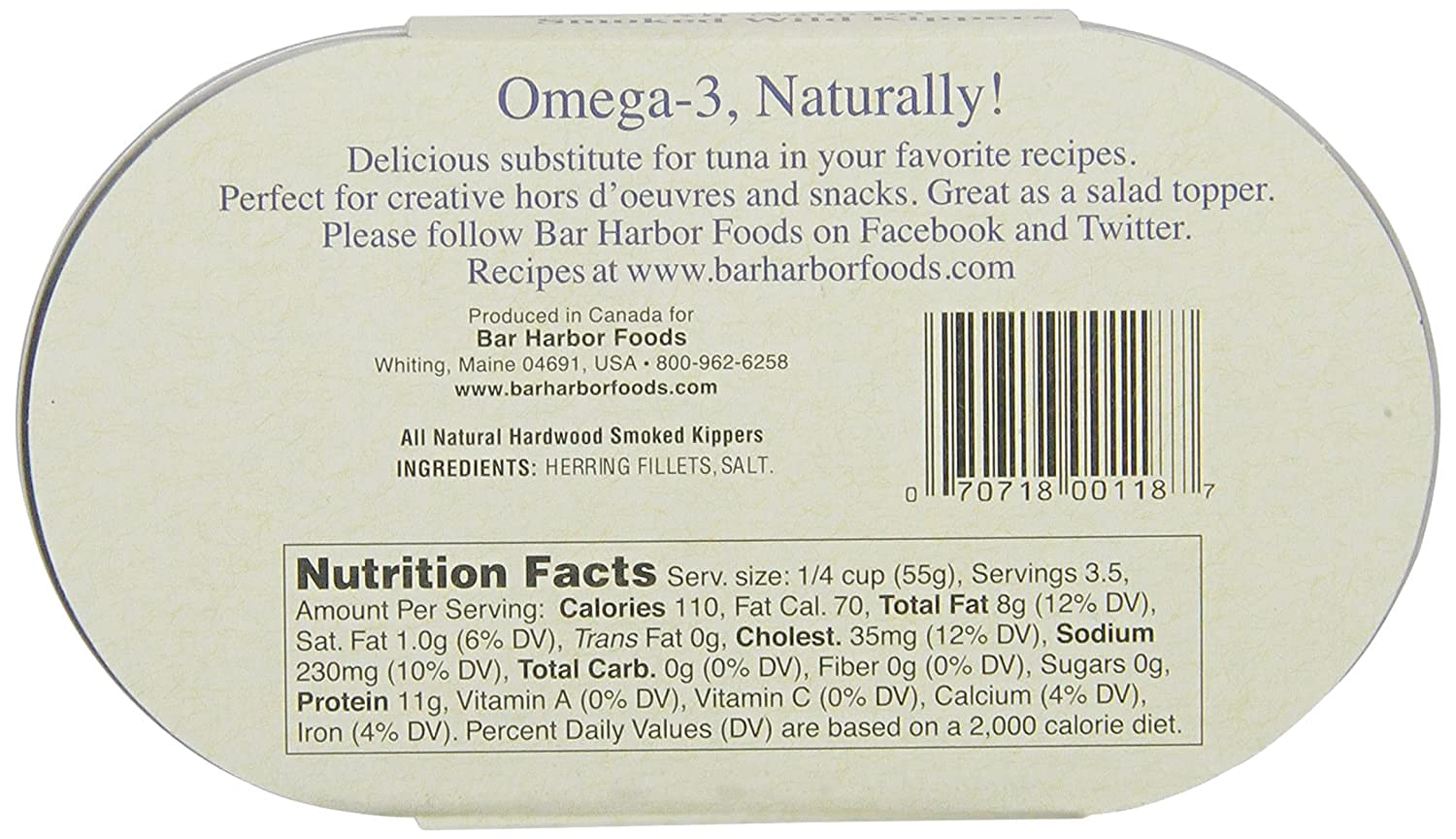 Bar Harbor Natural Smoked Wild Kippers, 6.7 oz (190g) | Naturally Wood Smoked | Ready to Eat | Naturally Rich in Omega-3 | EZ-Open, BPA-NI Lined Can