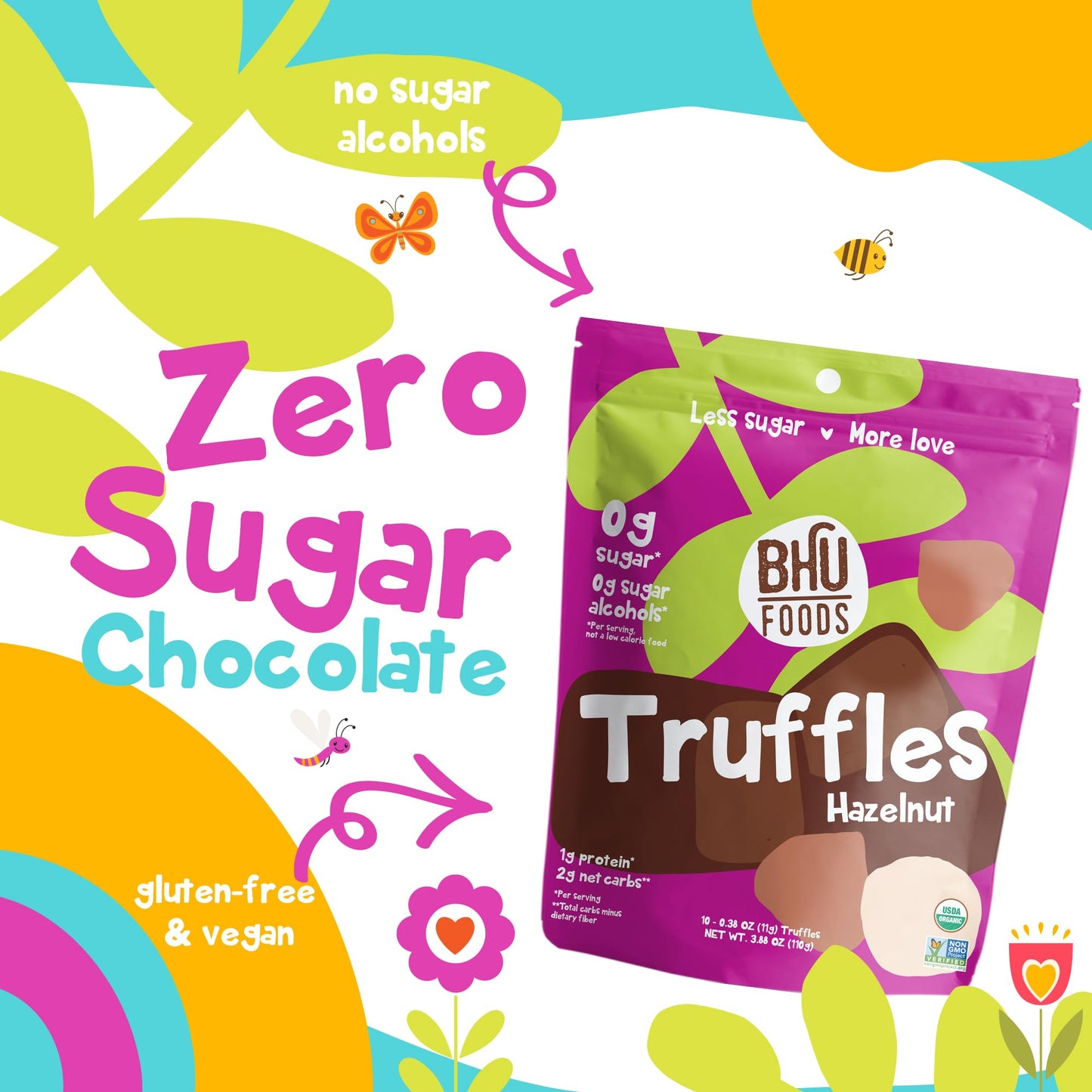 BHU FOODS Keto Fat Bombs, Organic, Vegan, Low Carb Sugar Free, Decadent Keto Candy made with Clean Ingredients, Hazelnut Chocolate Truffles (2 Bags)