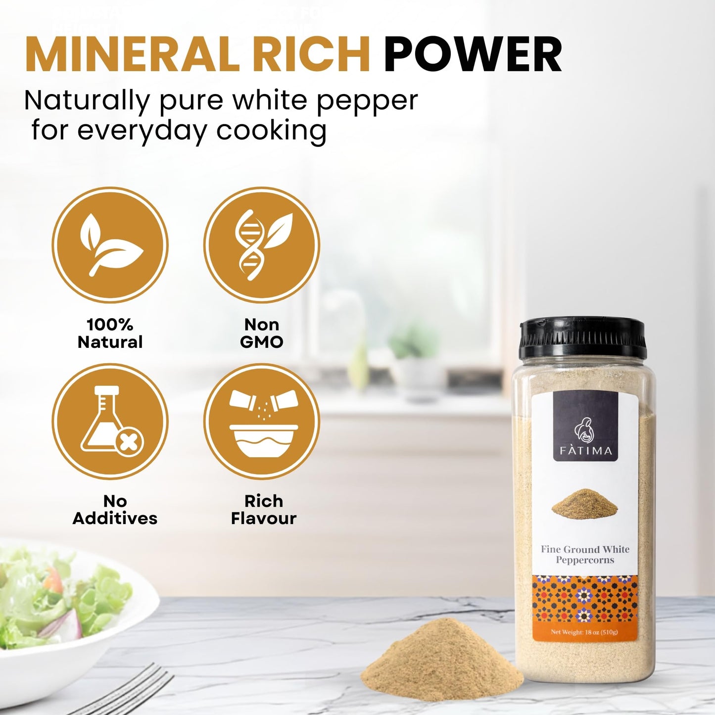 Fàtima Fine Ground White Peppercorns | Premium White Pepper Ground | Fresh and Aromatic Organic Pepper Powder | Essential Spice for Cooking