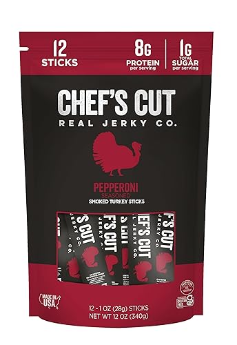Chef’s Cut Real Turkey Jerky | Smoked Turkey Meat Sticks | High Protein Snack with 8 g Protein & 100 Calories, Gluten Free, Keto-Friendly| Pepperoni |