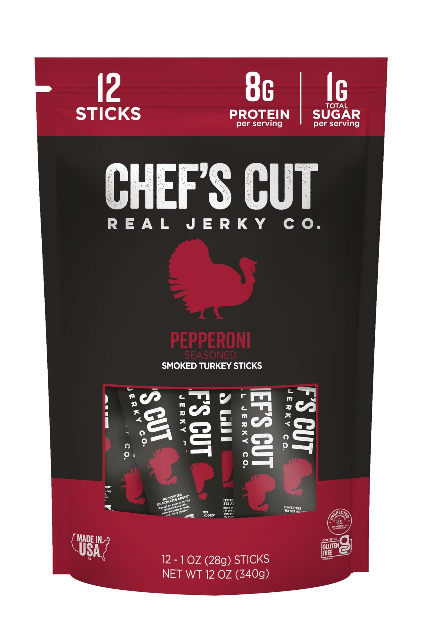 Chef’s Cut Real Turkey Jerky | Smoked Turkey Meat Sticks | High Protein Snack with 8 g Protein & 100 Calories, Gluten Free, Keto-Friendly| Pepperoni |