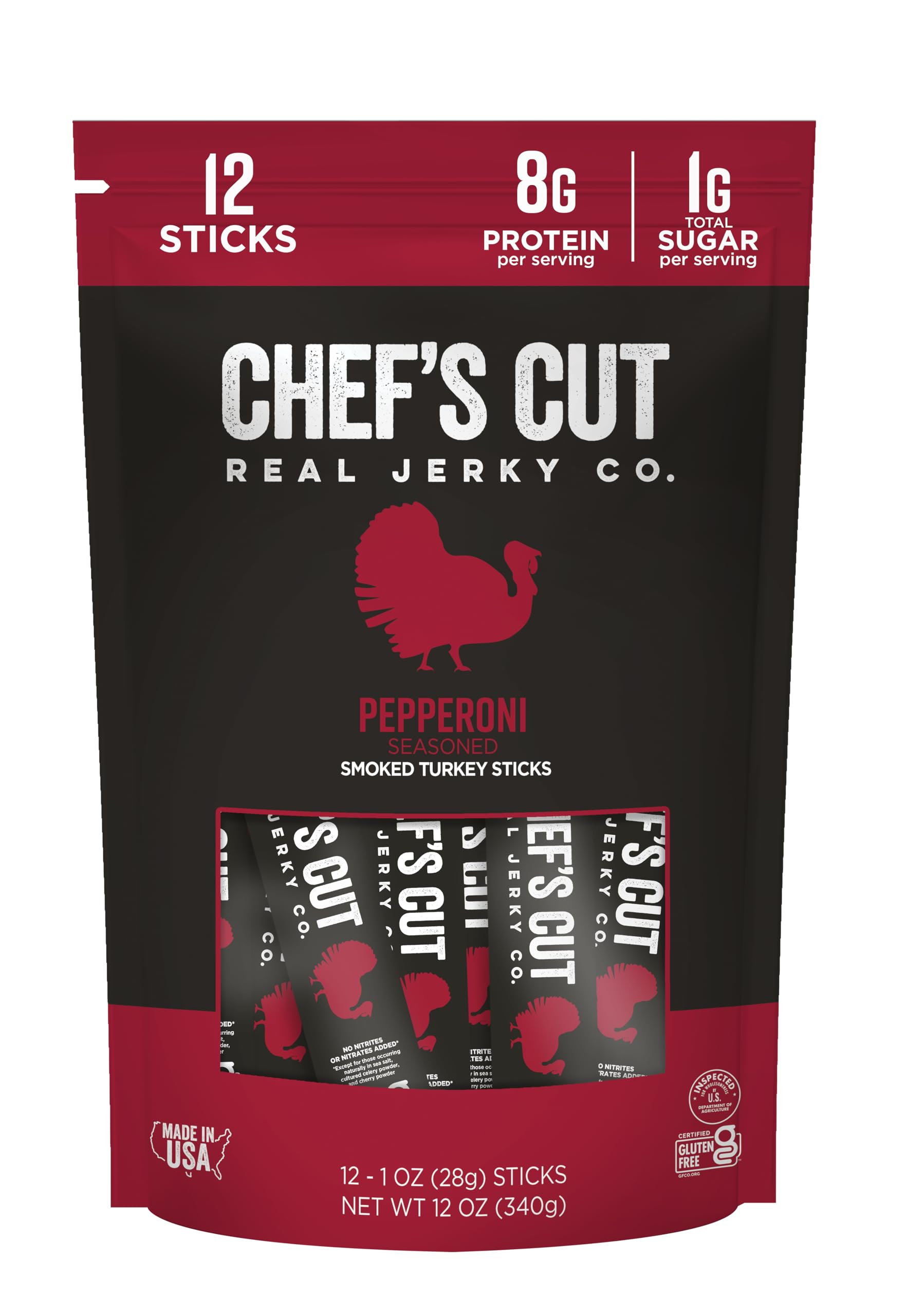 Chef’s Cut Real Turkey Jerky | Smoked Turkey Meat Sticks | High Protein Snack with 8 g Protein & 100 Calories, Gluten Free, Keto-Friendly| Pepperoni |