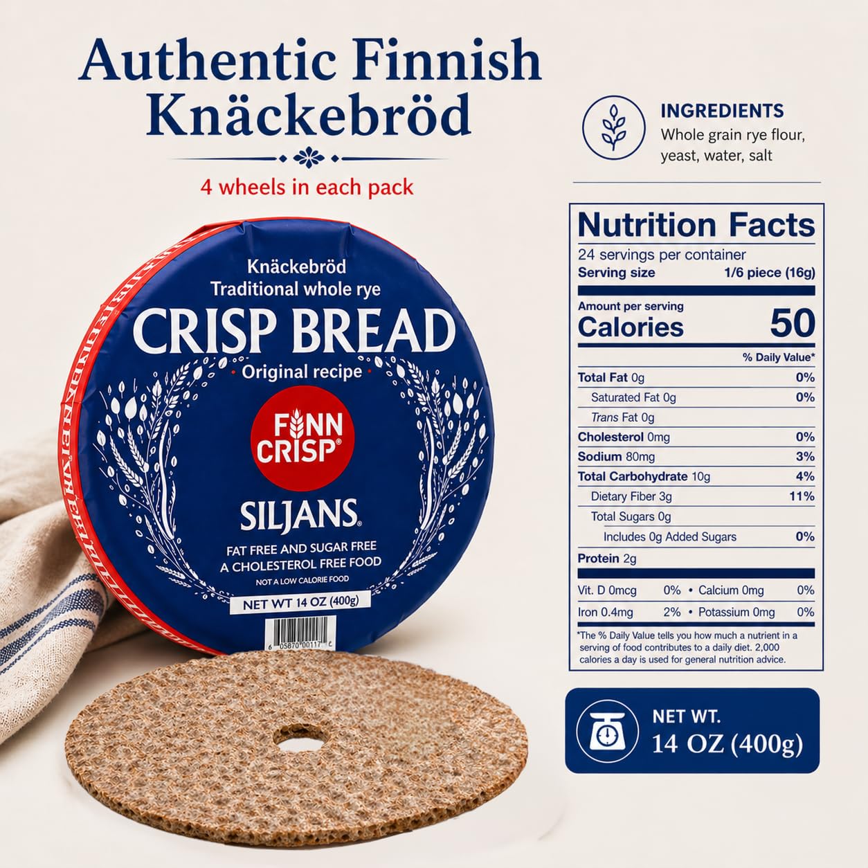 Finn Crisp Siljans Round Rye Crispbread 14oz | Knäckebröd From Finland | Multipack of Authentic Finnish Sourdough Crispbreads | Rye Hardtack | Large