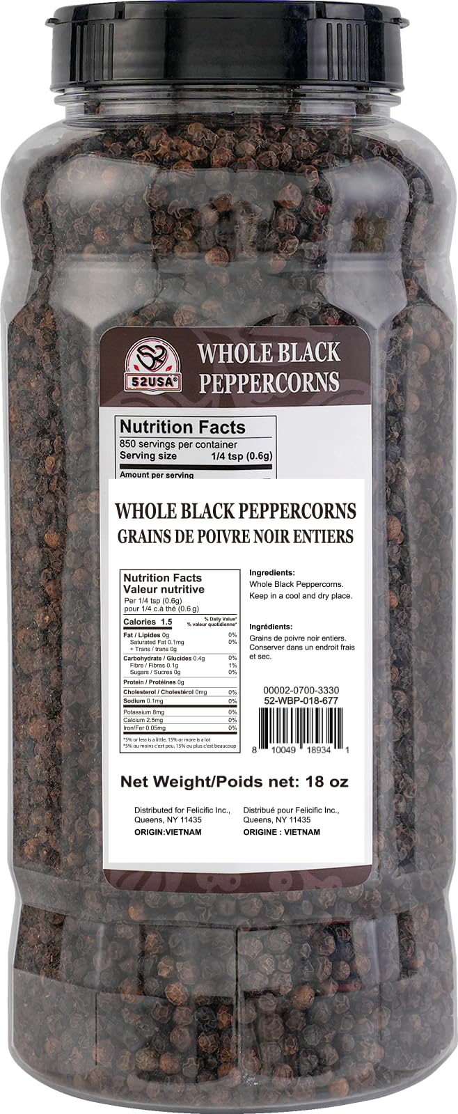 52USA Whole Black Peppercorns, 18oz (Pack of 1), Peppercorns for Grinder Refill, Gluten-Free, Kosher, Non-GMO, All Natural Black Pepper, Perfect for