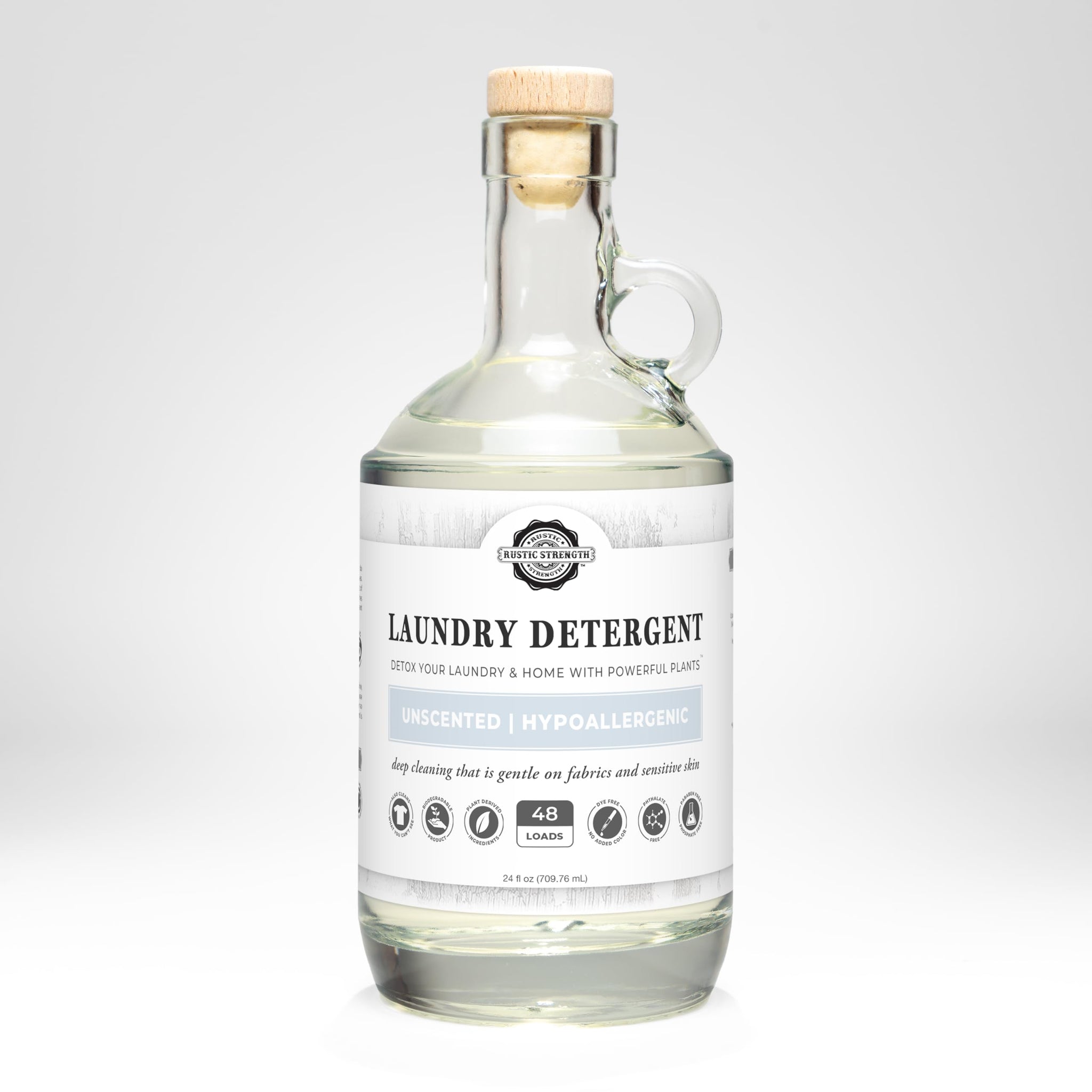 Rustic Strength Natural Laundry Detergent, Unscented, Sensitive Skin, HE Compatible, 24 oz Glass