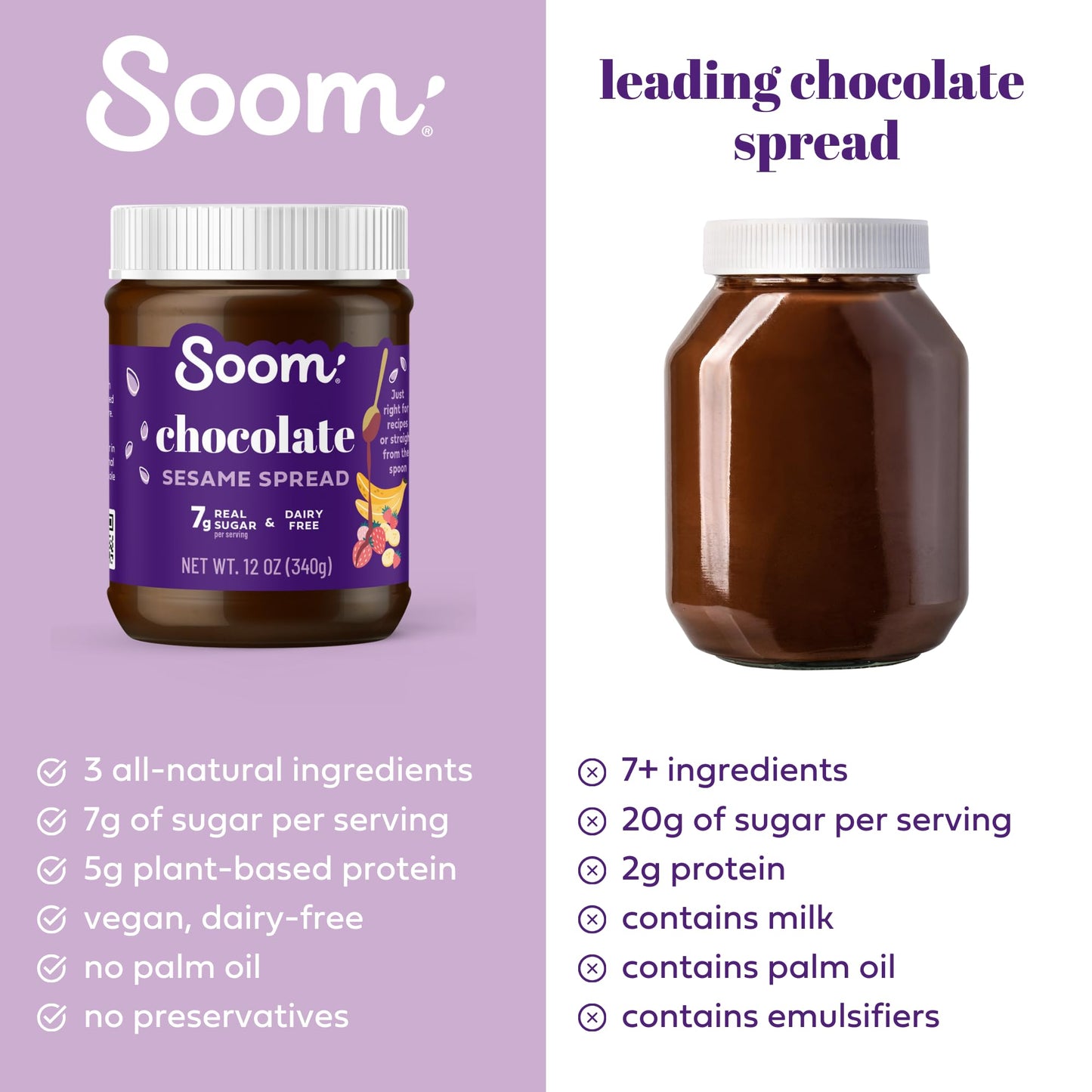 Soom Foods Chocolate Sesame Spread - 12oz | Made with 3 Ingredients, Low Sugar, Dairy-Free, No Nuts, No Gluten, Palm Oil-Free | 5g Protein | Better