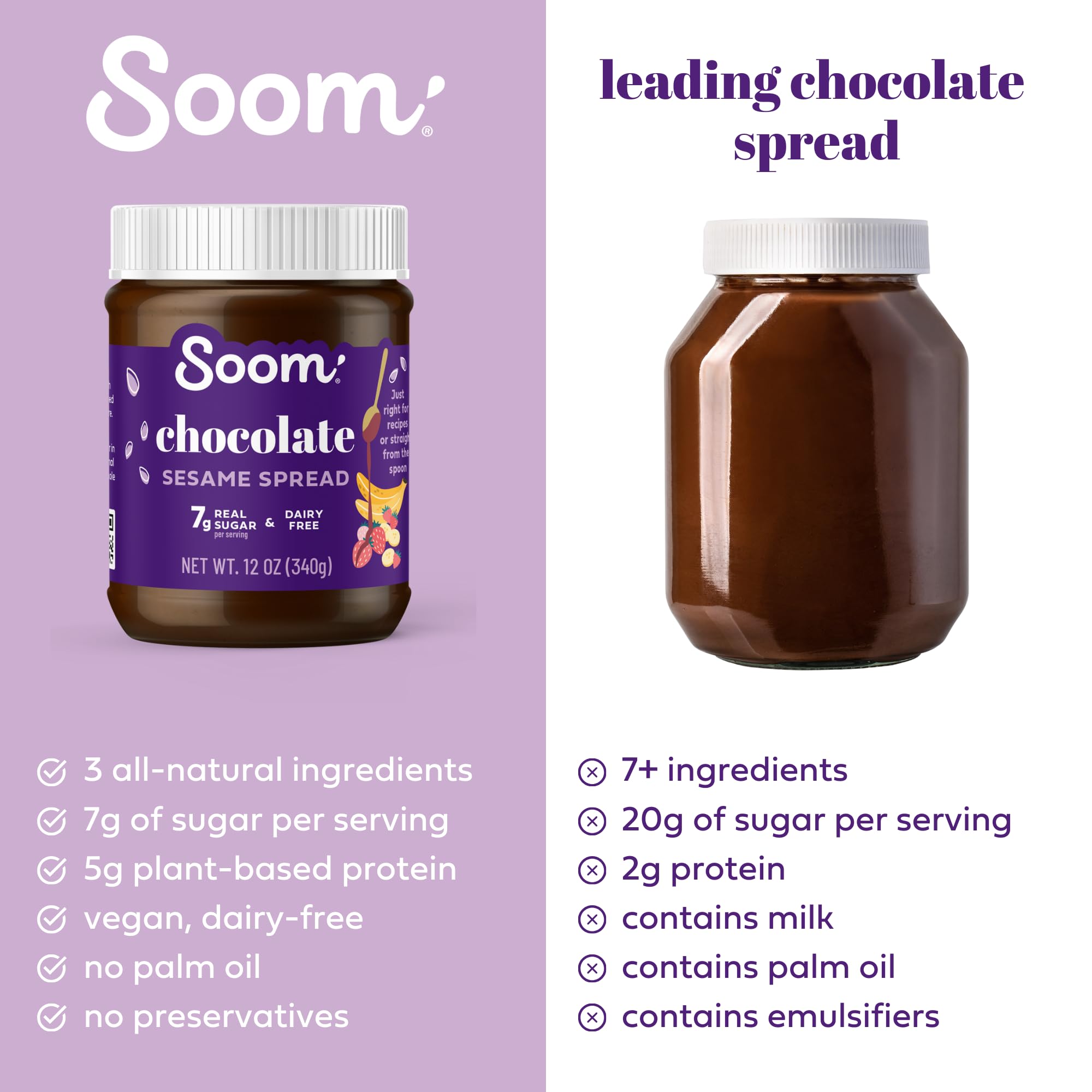 Soom Foods Chocolate Sesame Spread - 12oz | Made with 3 Ingredients, Low Sugar, Dairy-Free, No Nuts, No Gluten, Palm Oil-Free | 5g Protein | Better
