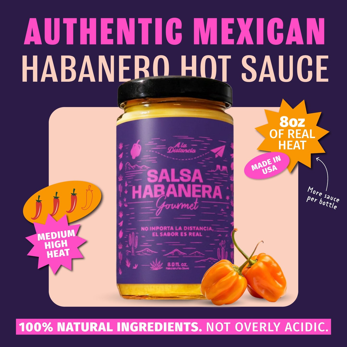 Habanero Hot Sauce - Authentic Mexican Style, Medium-High Heat, Small Batch Artisan Salsa, 100% Natural, No Preservatives, 8 oz