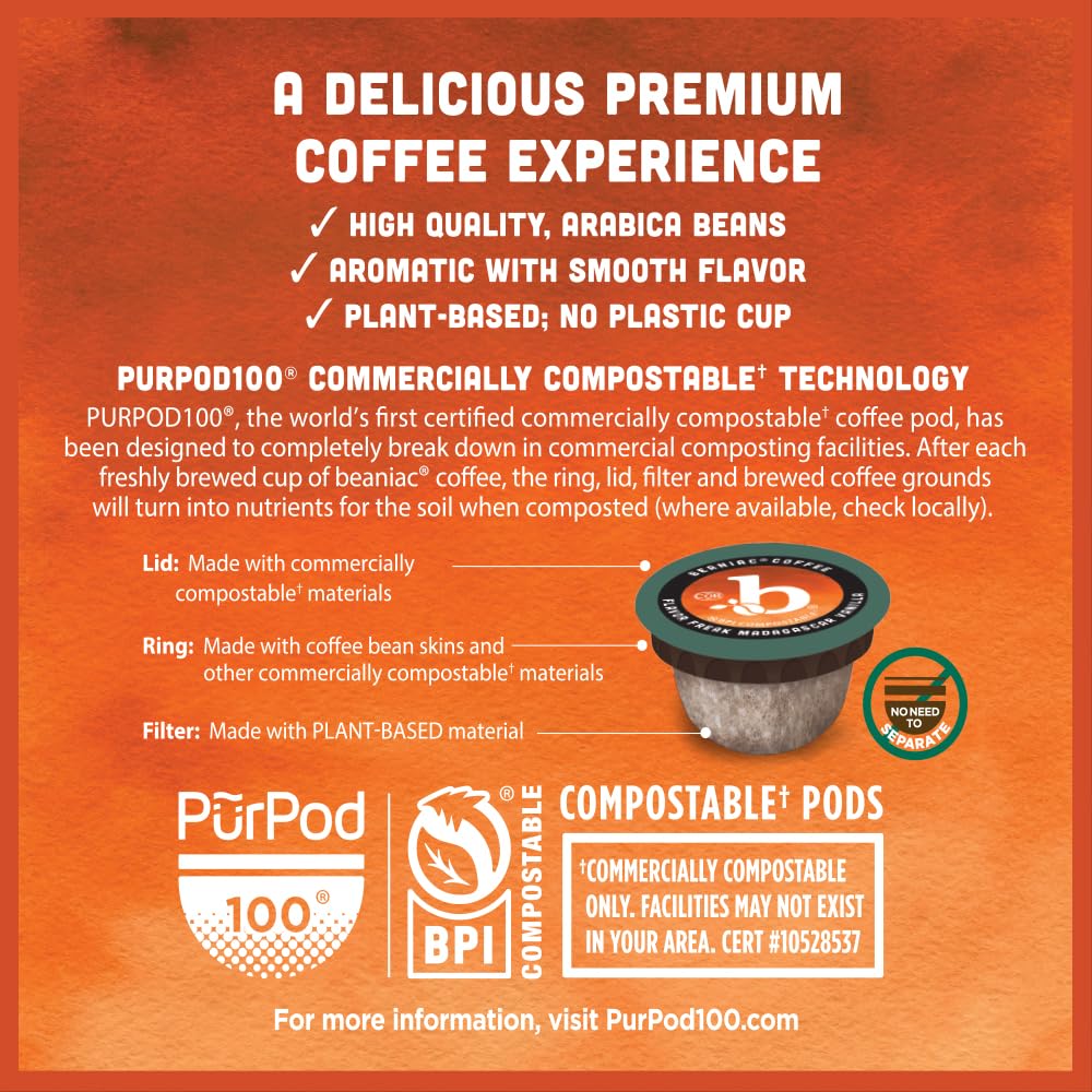 beaniac Sweet n' Saucy Caramel, Flavored Light Roast, Single Serve Compostable K Cup Coffee Pods, Arabica Coffee with Natural Flavors, Keurig Brewer