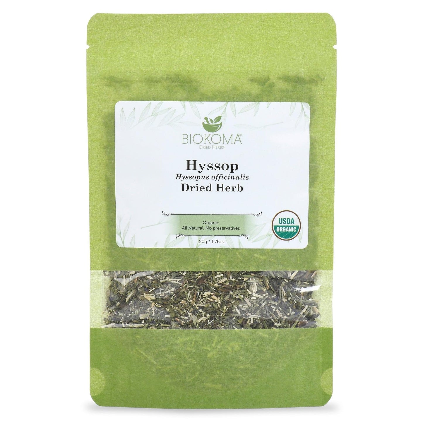 Biokoma Organic Hyssop Dried Herb 50g (1.76oz) Cut Hyssopus officinalis USDA Organic No GMO Herbal Tea Respiratory & Immune Support Resealable