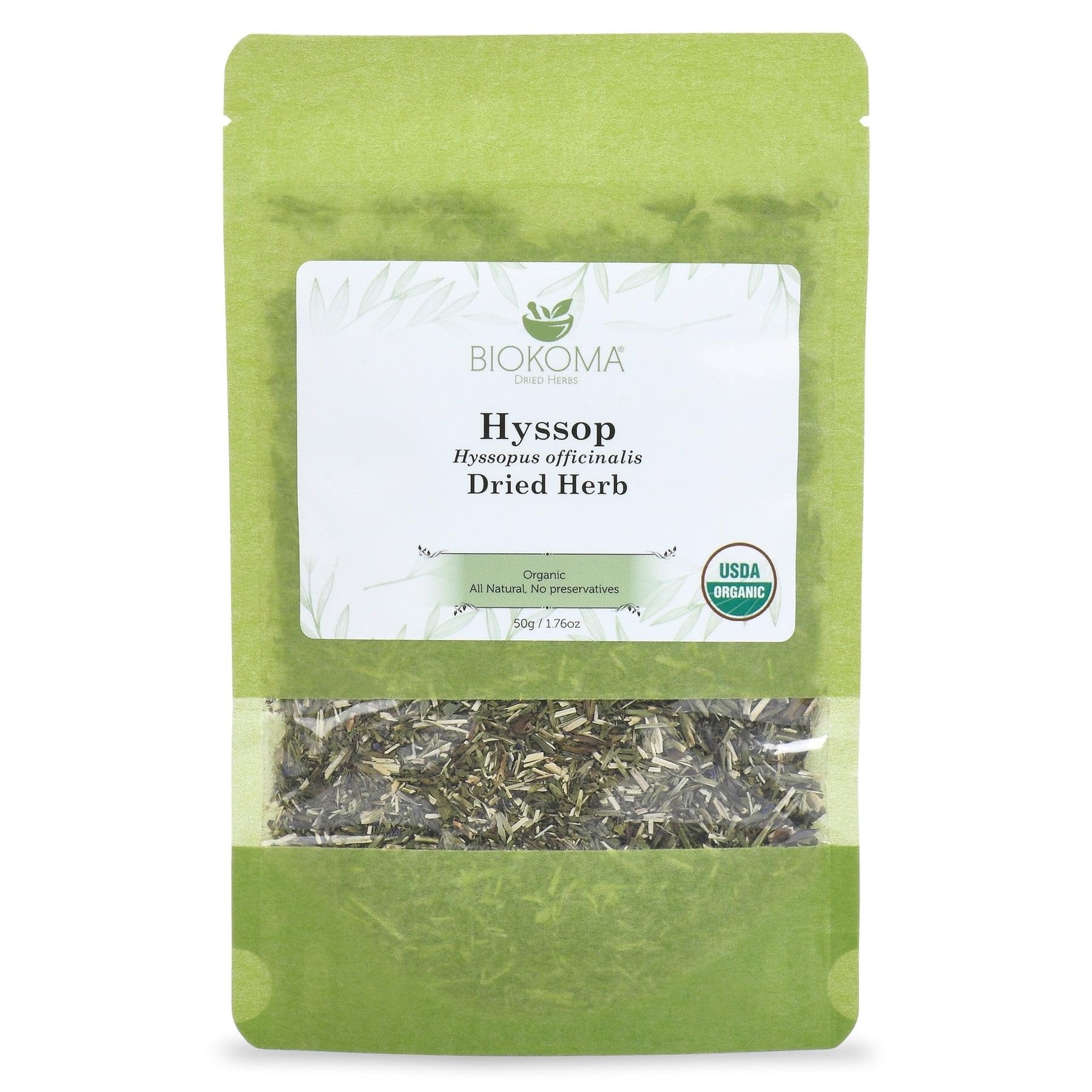 Biokoma Organic Hyssop Dried Herb 50g (1.76oz) Cut Hyssopus officinalis USDA Organic No GMO Herbal Tea Respiratory & Immune Support Resealable