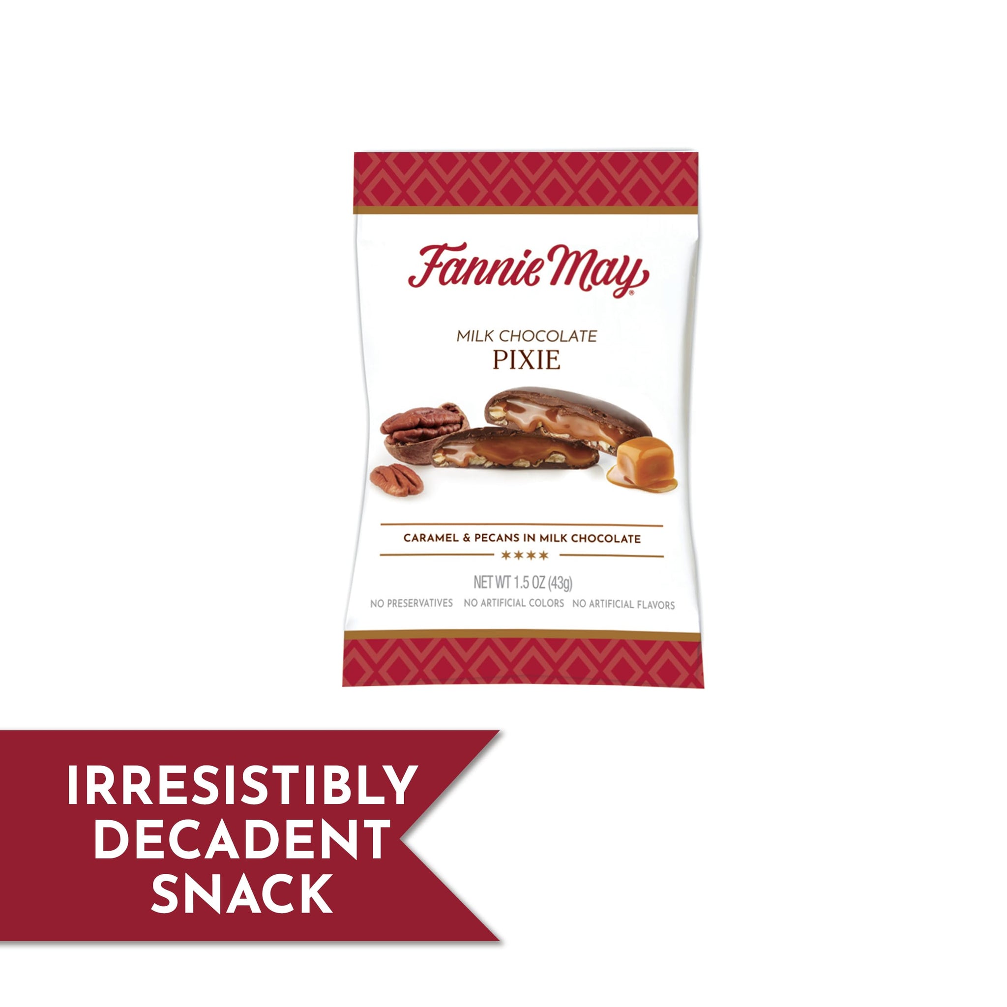 Fannie May Milk Premium Chocolate Pixies with Caramel and Pecans, Single Serve Treat, 1.5 oz