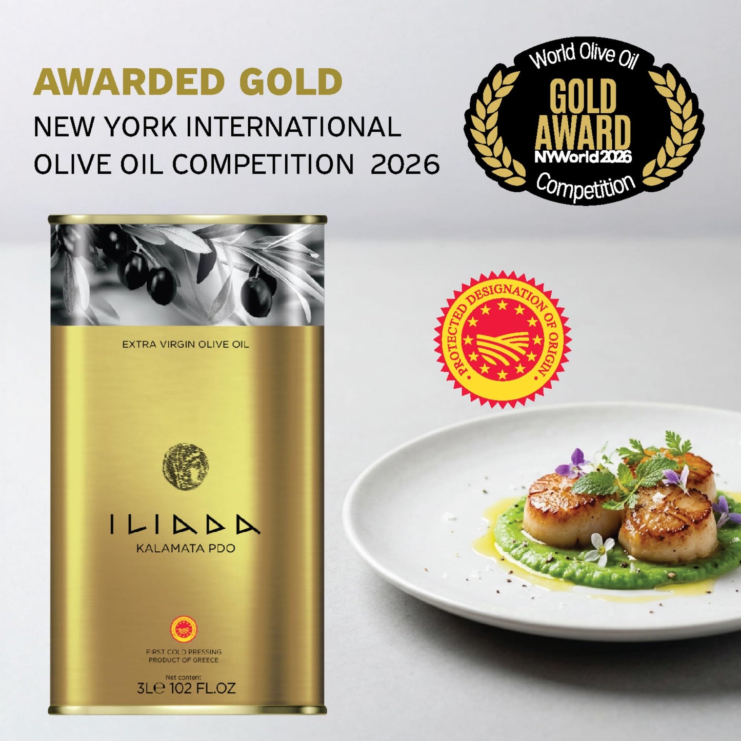 Iliada Kalamata PDO Extra Virgin Olive Oil, 3Lt | Multi-Awarded | Single Region 100% Greek | Monovarietal Koroneiki | Cold Press | Polyphenol Rich | Chef's Favorite